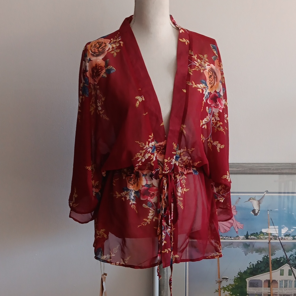 Justin & Taylor Sheer Coverup Ruana Series OSFM Burgundy Floral